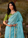 Powder Blue Embroidered Designer Organza Silk Saree With Contrast Blouse