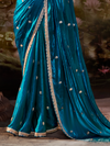 Teal Blue Embroidered Designer Organza Silk Saree With Contrast Blouse