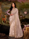 Champagne Beige Embroidered Designer Organza Silk Saree With Contrast Blouse