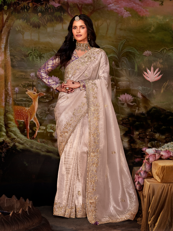 Champagne Beige Embroidered Designer Organza Silk Saree With Contrast Blouse