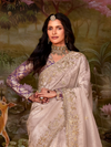 Champagne Beige Embroidered Designer Organza Silk Saree With Contrast Blouse