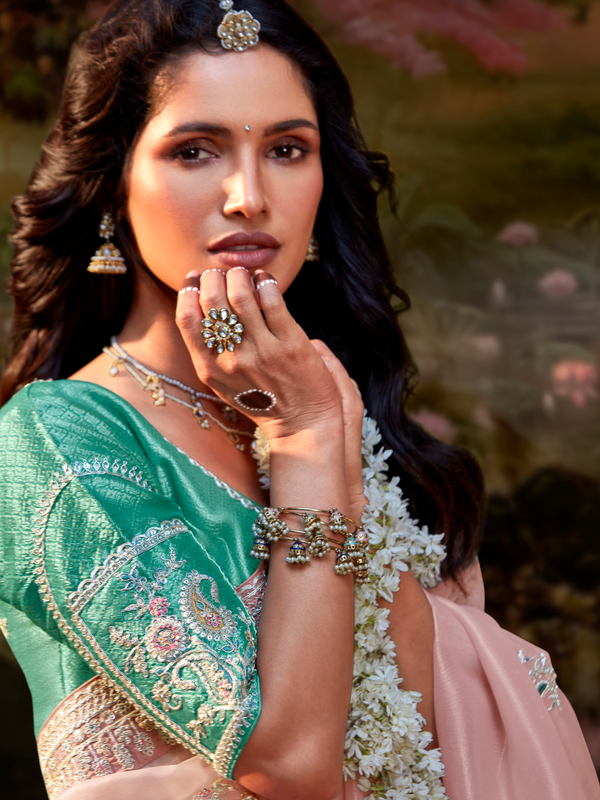Blush Pink Embroidered Designer Organza Silk Saree With Contrast Blouse