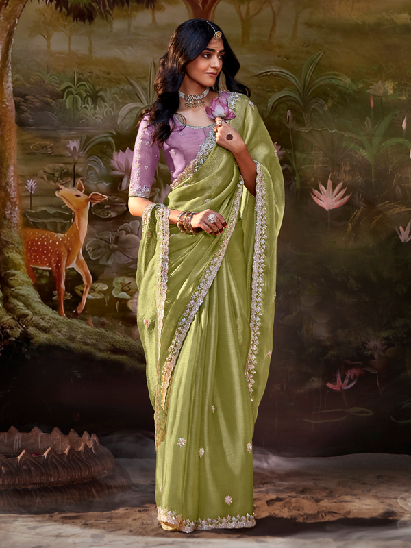 Olive Green Embroidered Designer Organza Silk Saree With Contrast Blouse