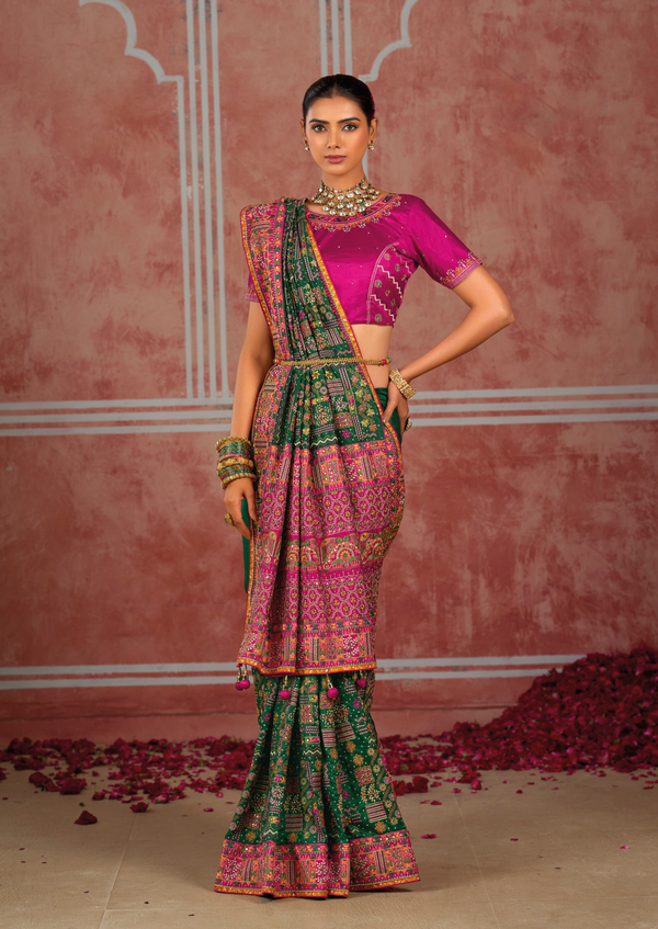 Bottle Green Embroidered Designer Satin Silk Saree