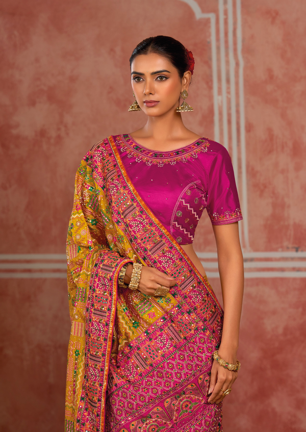 Mustard Yellow Embroidered Designer Satin Silk Saree