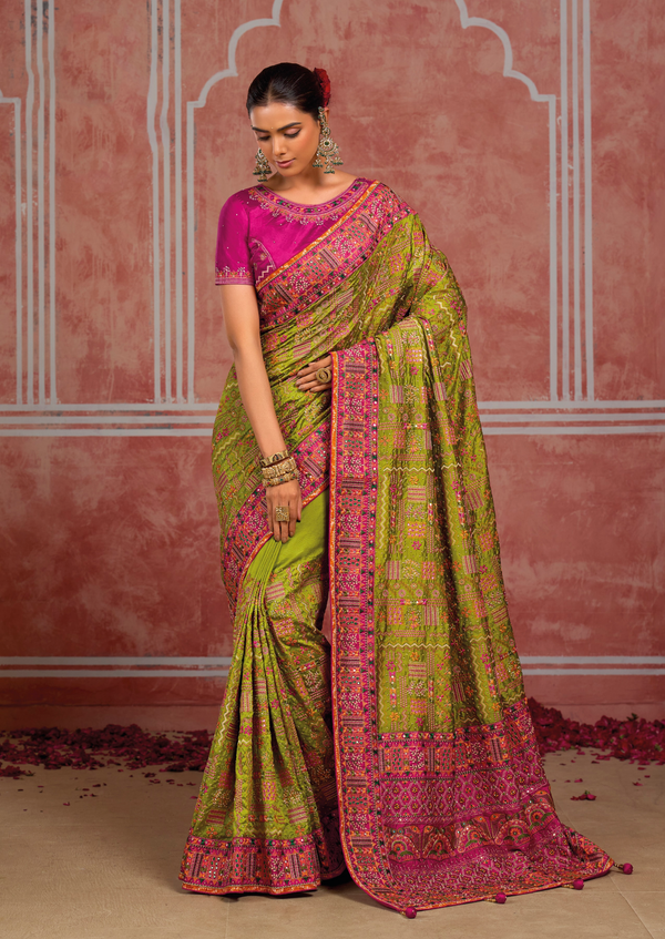 Parrot Green Embroidered Designer Satin Silk Saree
