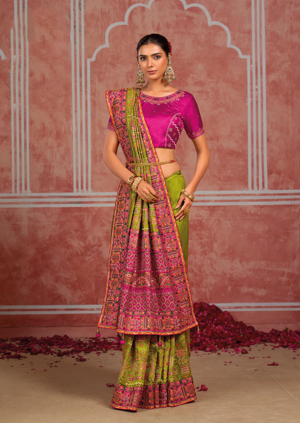 Parrot Green Embroidered Designer Satin Silk Saree