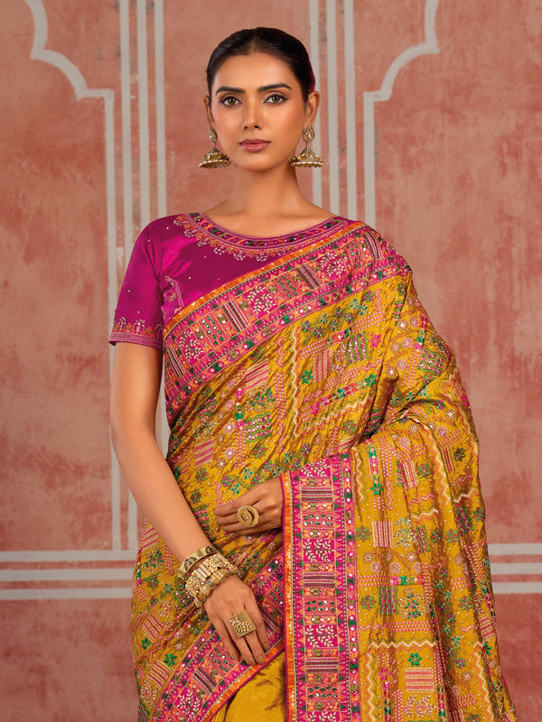 Mustard Yellow Embroidered Designer Satin Silk Saree