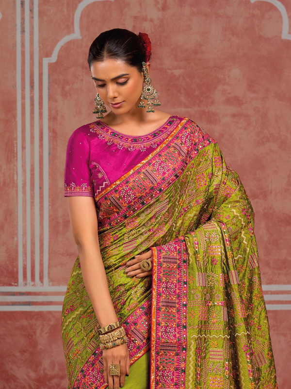 Parrot Green Embroidered Designer Satin Silk Saree