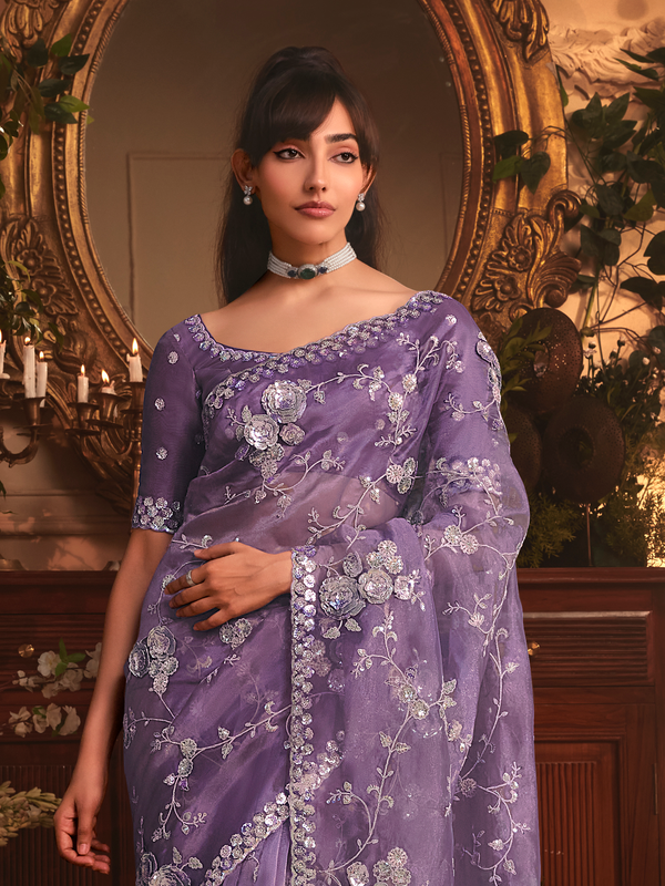 Lavender Organza Silk Saree