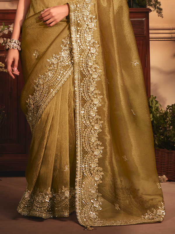 Olive Green Tissue Silk Saree