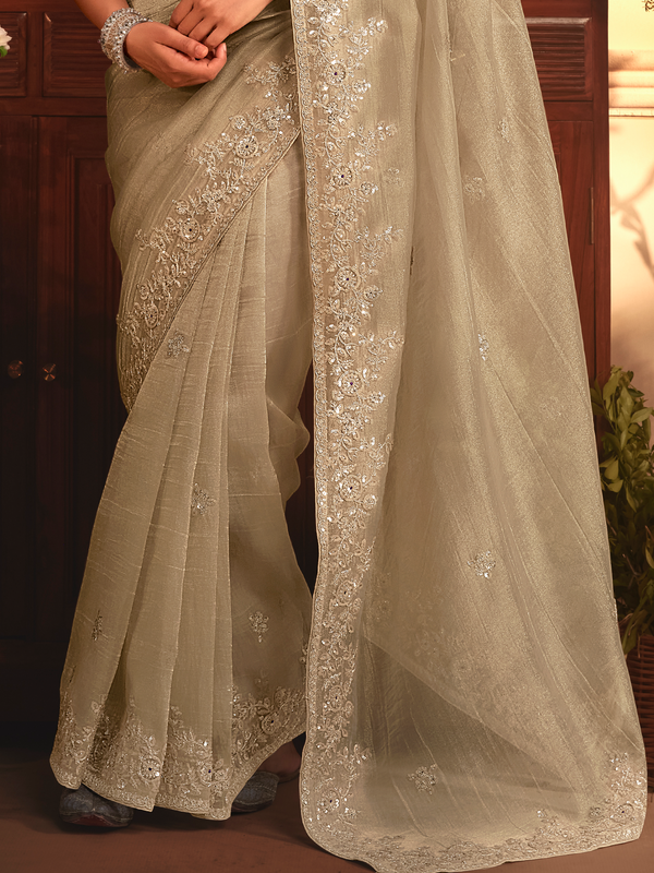 Beige Organza Silk Saree
