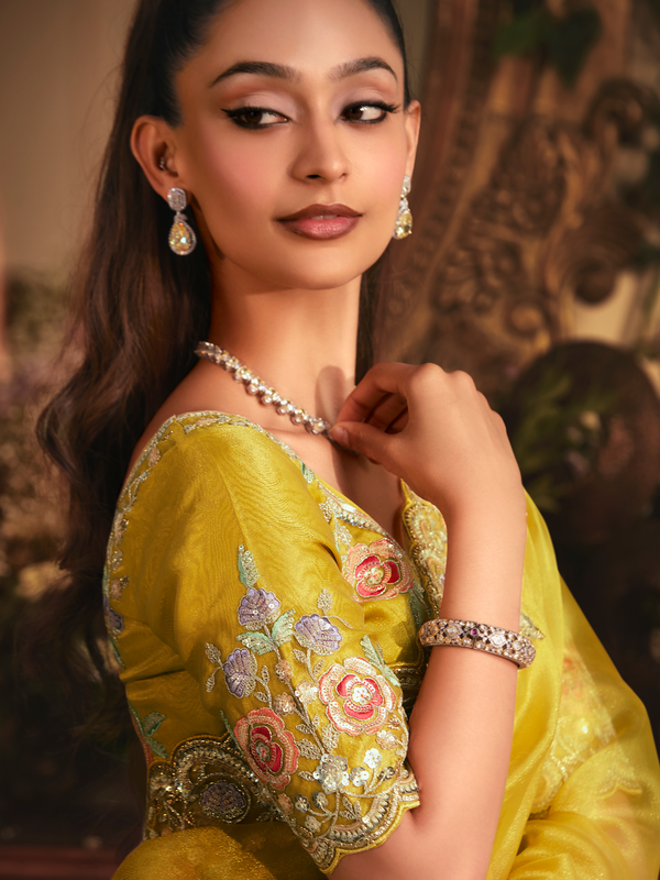 Yellow Organza Silk Saree