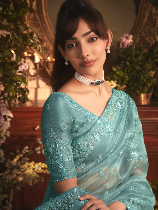 Teal Organza Silk Saree