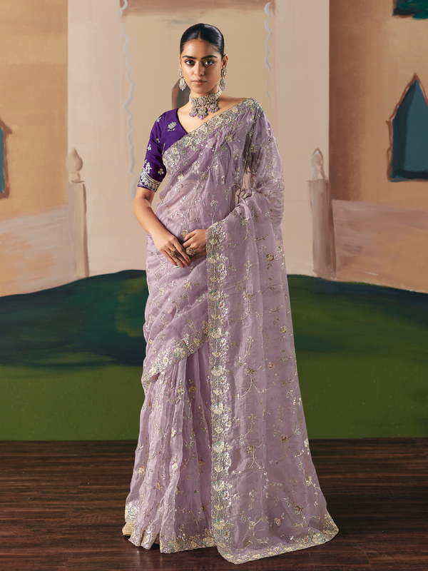 Lavender Organza Silk Saree