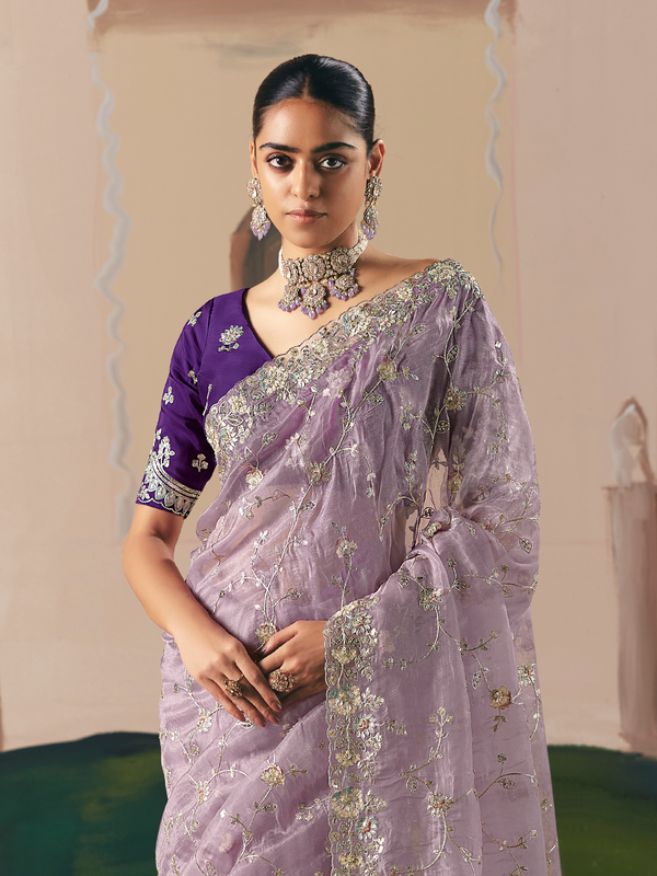 Lavender Organza Silk Saree