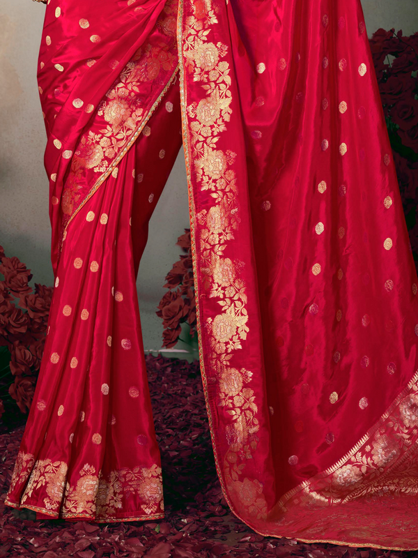 Crimson Red Banarasi Satin Silk Saree