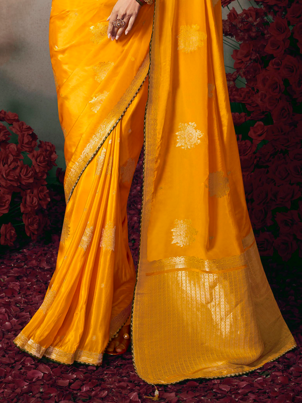 Golden Yellow Banarasi Satin Silk Saree