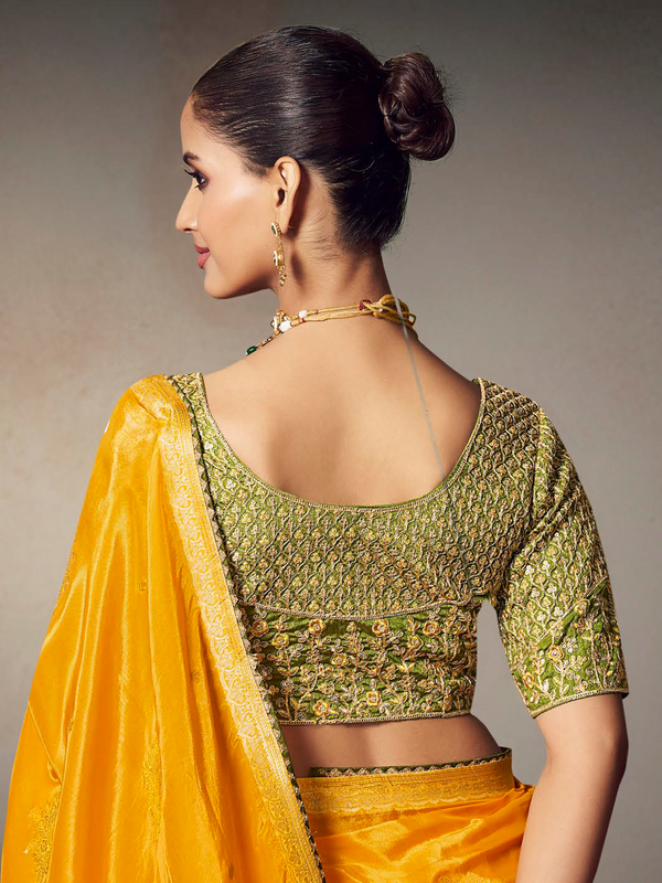 Golden Yellow Banarasi Satin Silk Saree