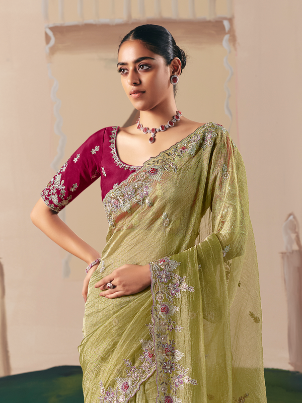 Lime Green Organza Silk Saree