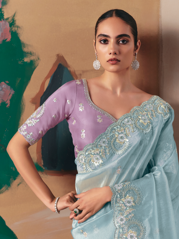 Sky Blue Organza Silk Saree
