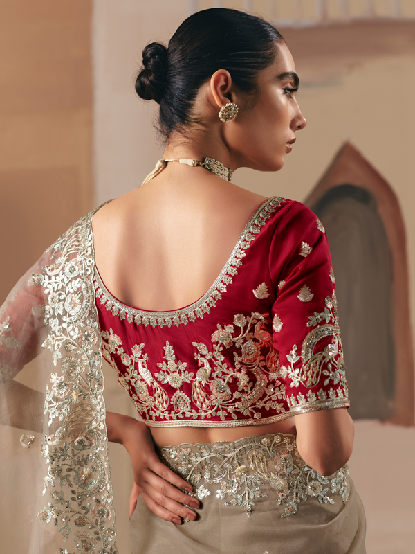 Beige Organza Silk Saree