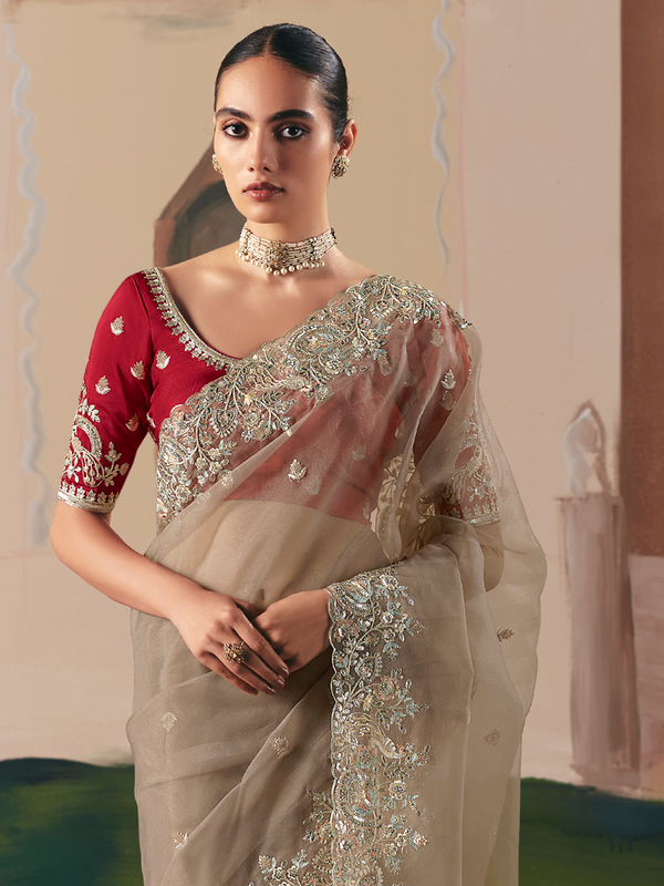 Beige Organza Silk Saree