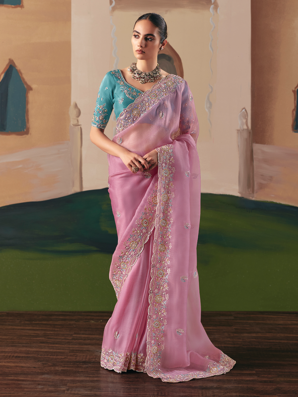 Rose Pink Organza Silk Saree