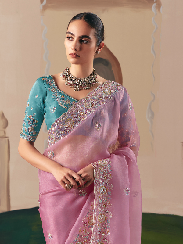 Rose Pink Organza Silk Saree