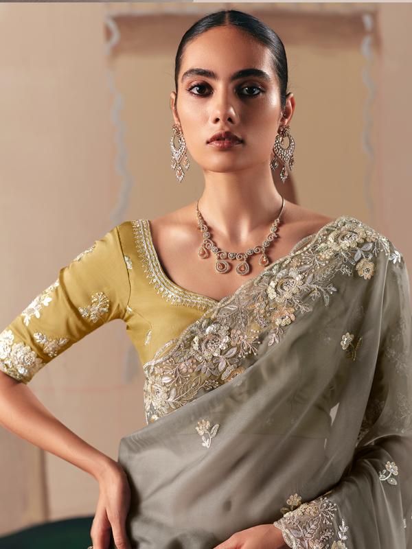 Grey Organza Silk Saree