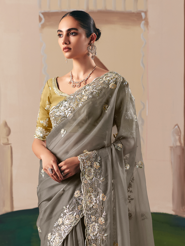 Grey Organza Silk Saree
