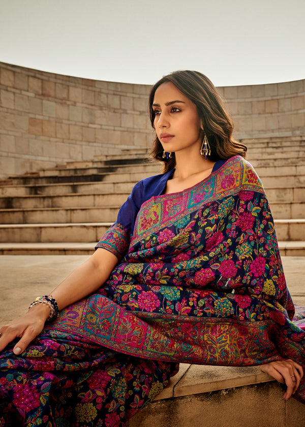 Deep Navy Kashmiri Jamawar Silk Saree