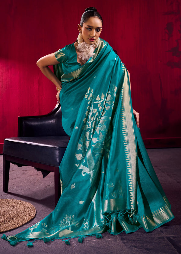 Teal Blue Banarasi Satin Silk Saree