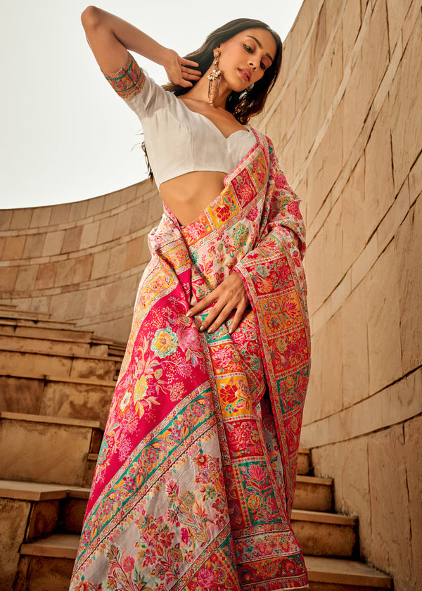 Ivory White Kashmiri Jamawar Silk Saree