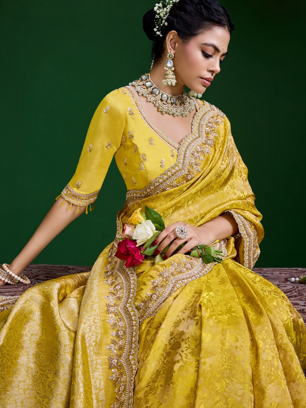 Mustard Yellow Banarasi Tissue Silk Saree