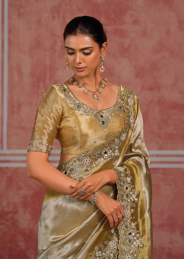 Antique Gold Embroidered Designer Tissue Silk Saree
