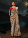 Silver Grey Embroidered Designer Tissue Silk Saree With Contrast Blouse
