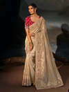 Champagne Embroidered Designer Tissue Silk Saree With Contrast Blouse