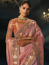 Peach Pink Embroidered Designer Tissue Silk Saree