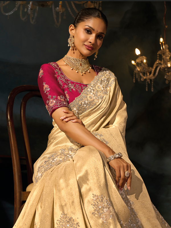 Cream Gold Embroidered Designer Tissue Silk Saree With Contrast Blouse