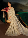 Ivory Embroidered Designer Silk Saree With Contrast Blouse