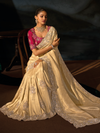 Cream Gold Embroidered Designer Tissue Silk Saree With Contrast Blouse