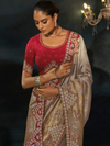 Silver Grey Embroidered Designer Tissue Silk Saree With Contrast Blouse
