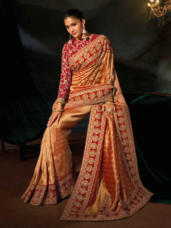 Golden Orange Embroidered Designer Tissue Silk Saree With Contrast Blouse