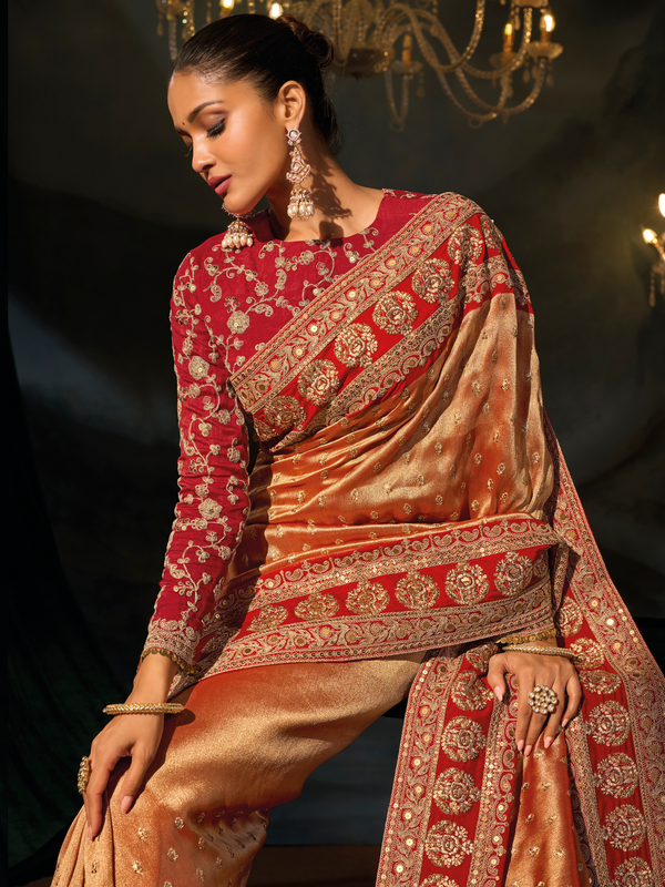 Golden Orange Embroidered Designer Tissue Silk Saree With Contrast Blouse