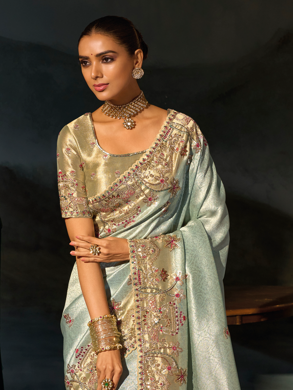 Mint Green Embroidered Designer Tissue Silk Saree With Contrast Blouse