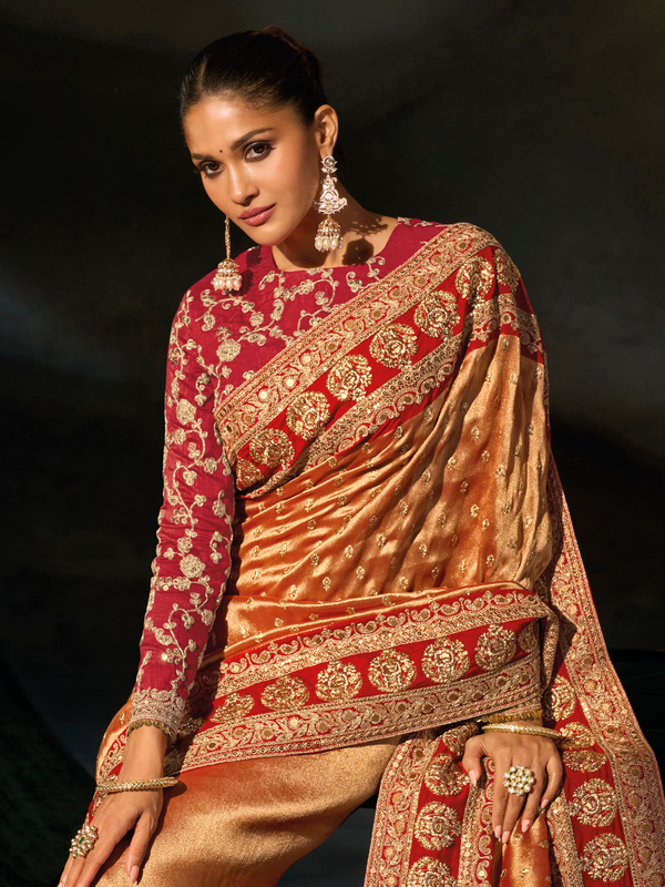 Golden Orange Embroidered Designer Tissue Silk Saree With Contrast Blouse