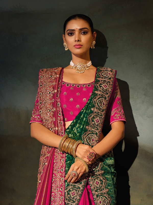 Rani Pink Embroidered Designer Tissue Silk Saree