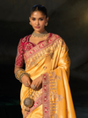 Golden Yellow Embroidered Designer Tissue Silk Saree With Contrast Blouse
