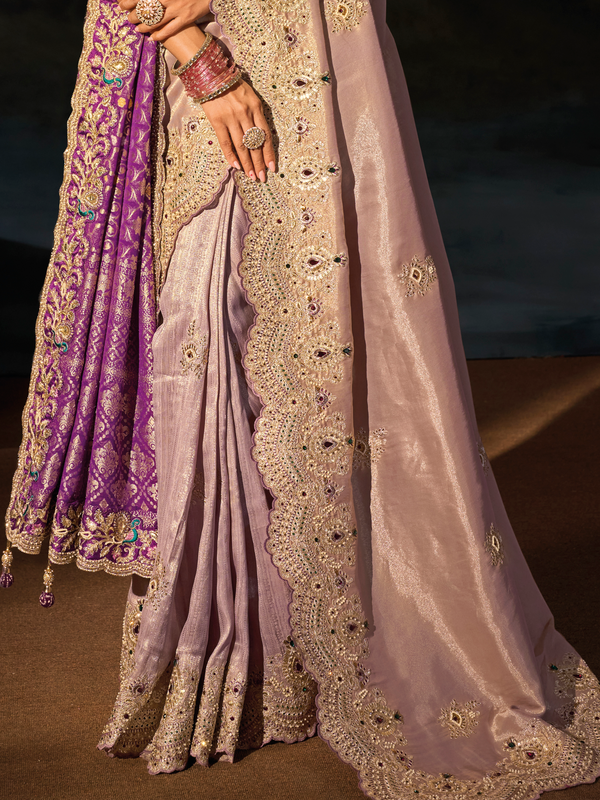 Lilac Embroidered Designer Tissue Silk Saree